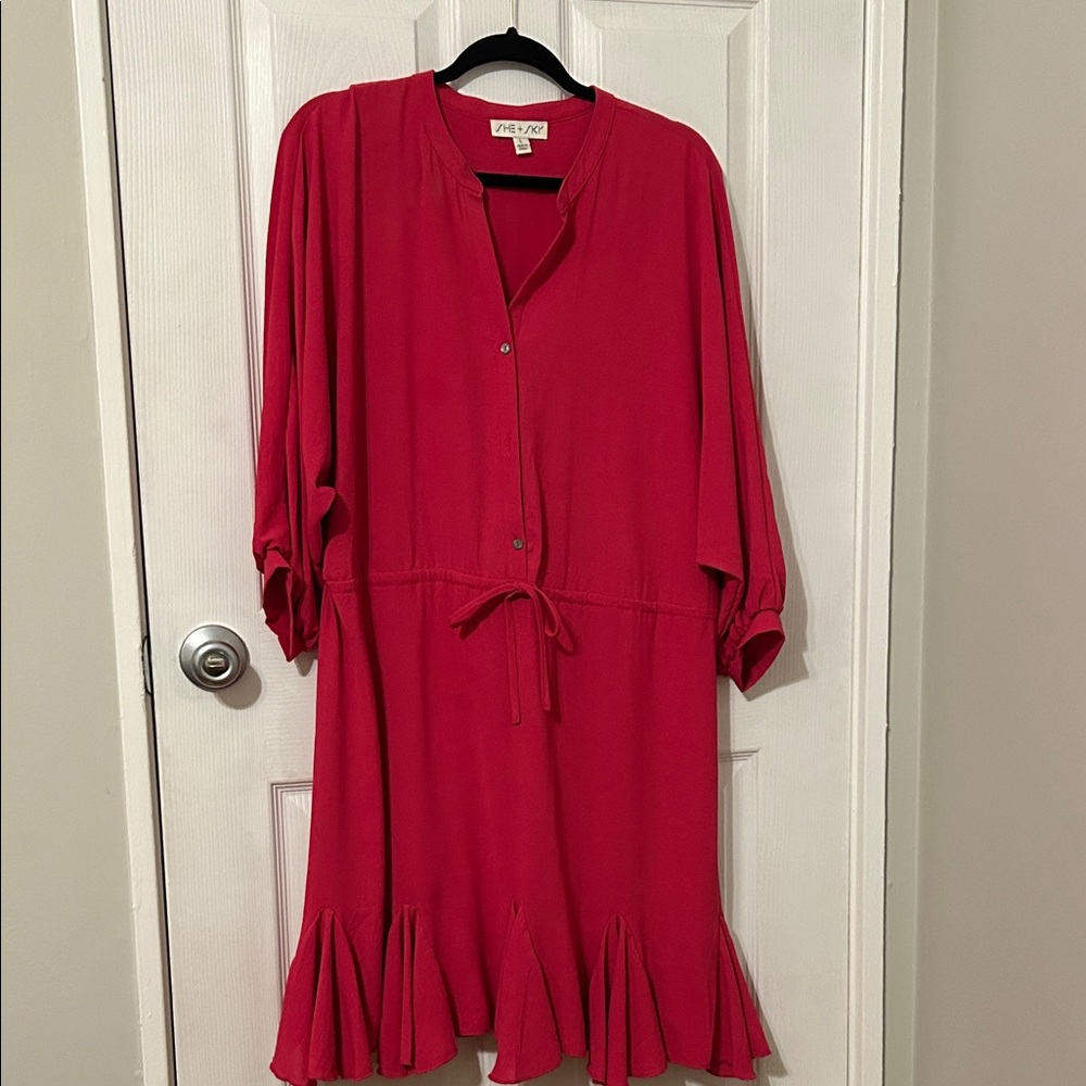 Magenta Button-Down Dress with Ruffle Hem